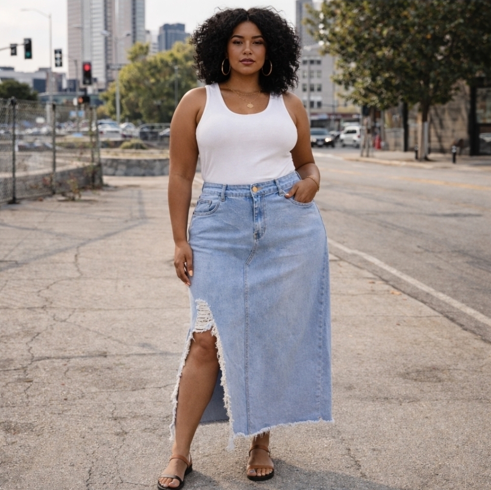 Distressed Denim Maxi Skirt 3XL Light Wash Raw Hem Modern Stretch Office Siren